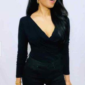 CAbi Black Draped Neckline Long Sleeve Top Size M